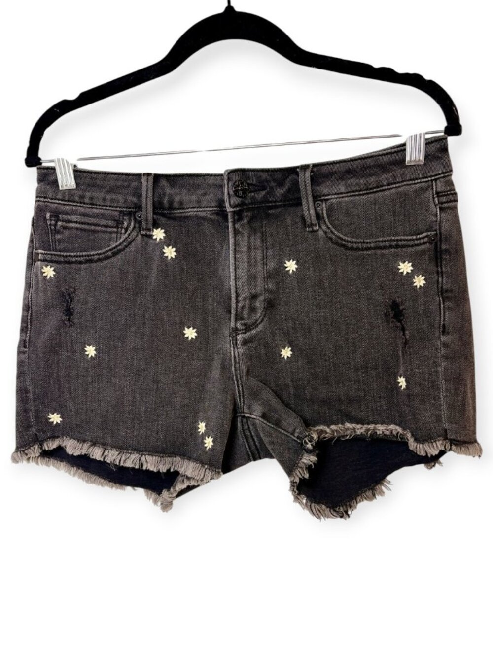 Driftwood Black Daisy Embroidered Distressed Denim Shorts Estimated Size 31